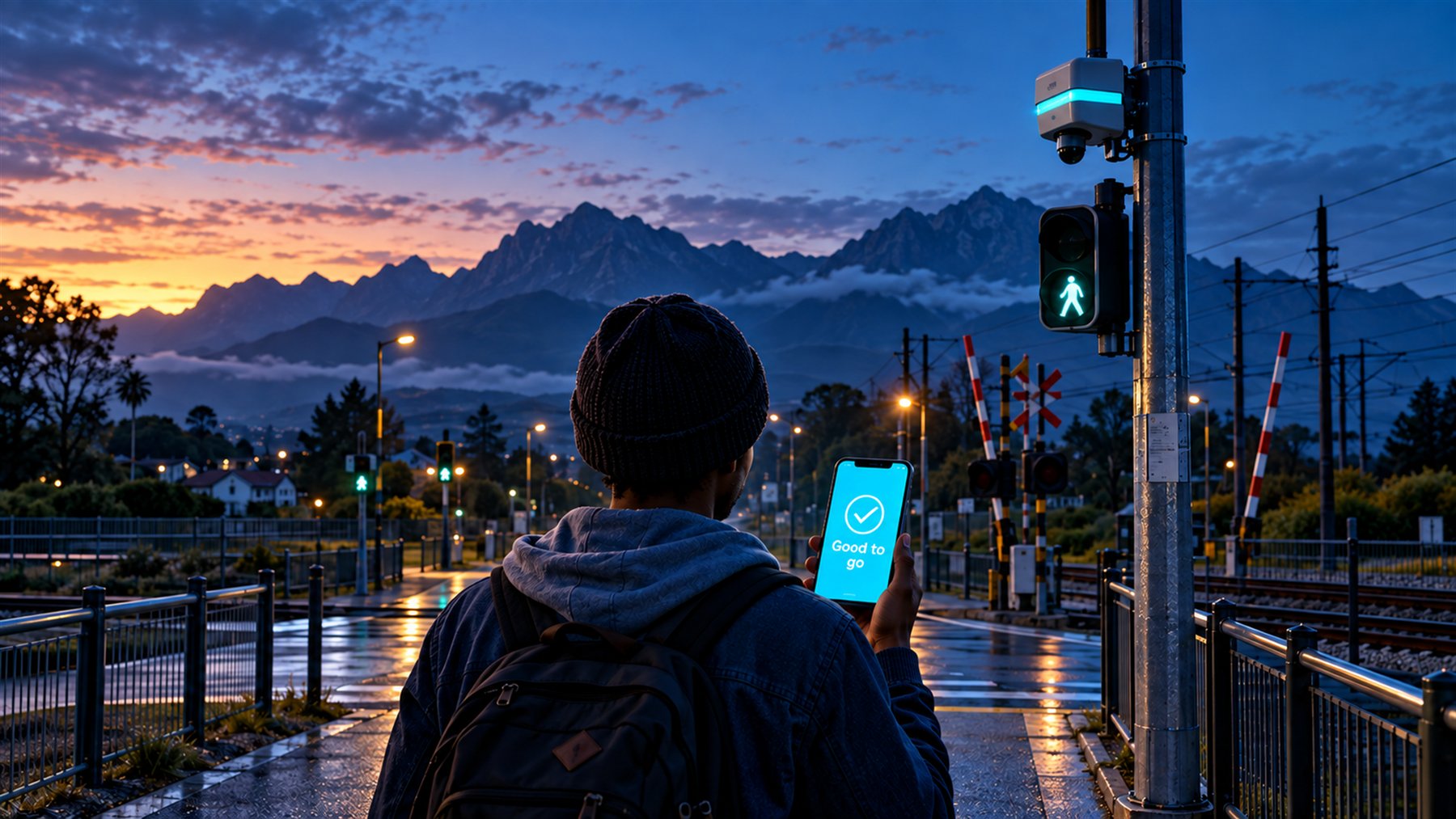 A pedestrian checks SafeRoute on a phone at a railway crossing at dawn (concept illustration made with AI)